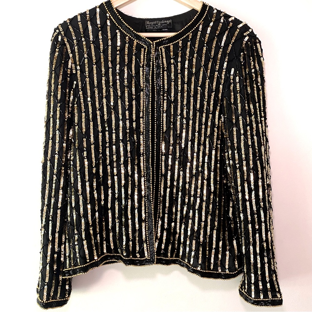 Royal Feelings VintagePure Silk Sequin‎ Beaded Blazer Black/gold Luxurious Small